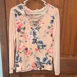 Eye Candy Floral V-Neck Long Sleeve Top - Pink and Blue